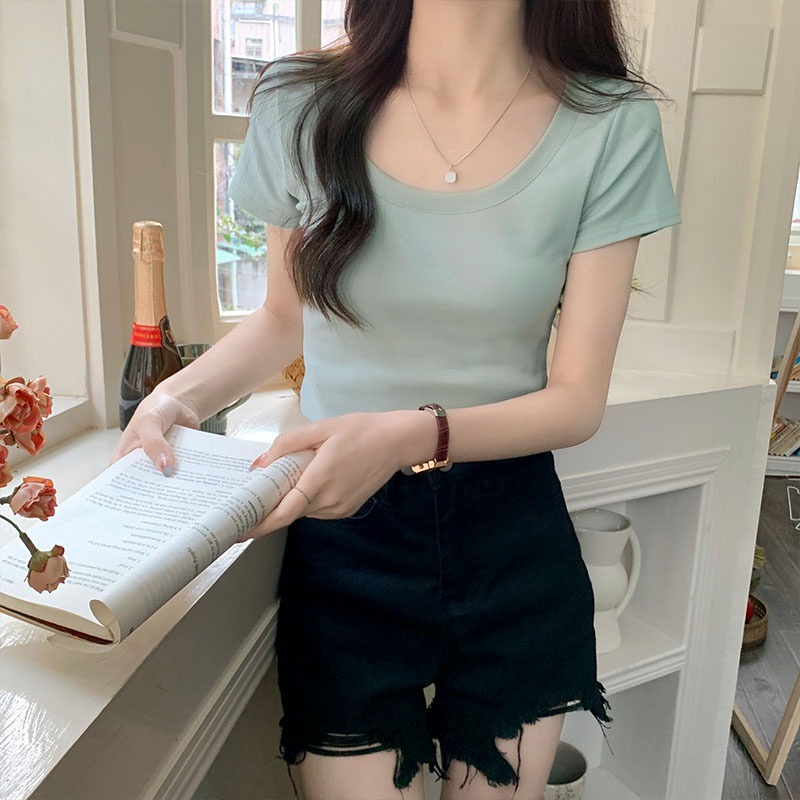 Suhao pure desire scoop neck slim fit short milk apricot color t-shirt women s top summer shoulder U-neck short sleeve inner bottoming small shirt kaos import wanita kaos wanita gaya korea lengan pendek kaos pendek perempuan