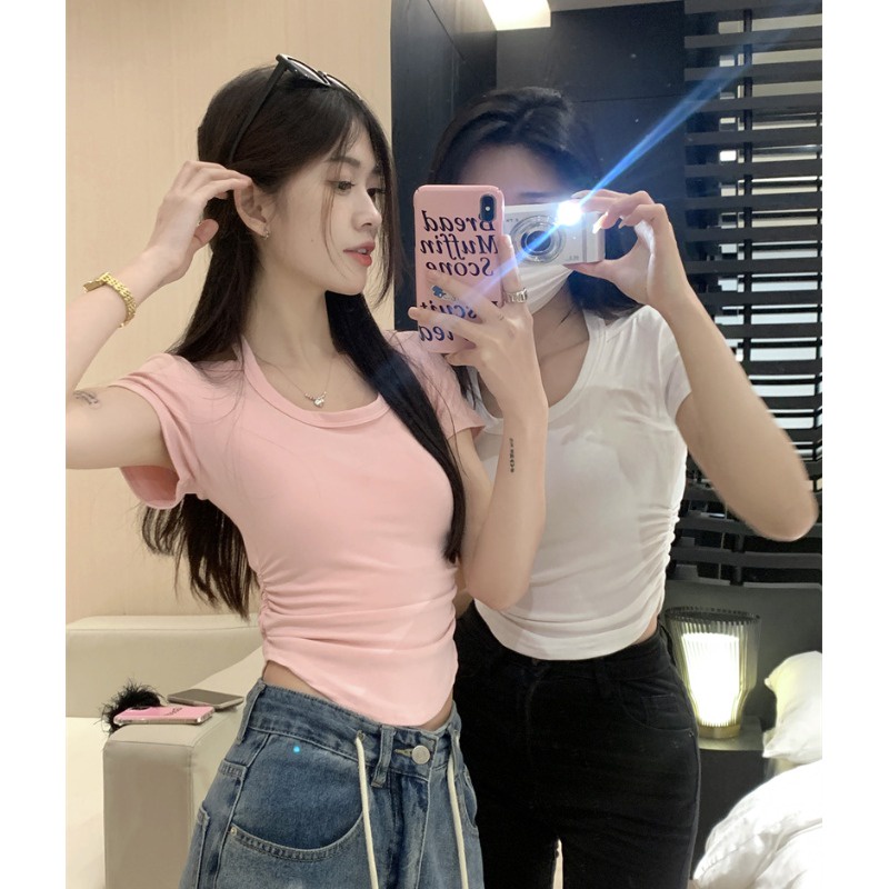 Suhao murni keinginan untuk berhati-hati mesin menggantung leher dasi bahu lengan pendek t-shirt wanita musim panas slim fit hot girl short top in tide kaos impor wanita kaos wanita gaya korea lengan pendek kaos pendek perempuan