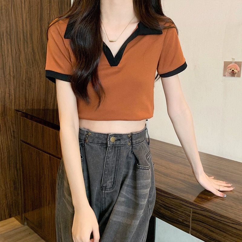 Suhao color contrast stitching pure cotton short-sleeve t-shirt women s 2023 summer new slim fit slim Polo collar short t-shirt top kaos import wanita kaos wanita gaya korea lengan pendek kaos pendek perempuan