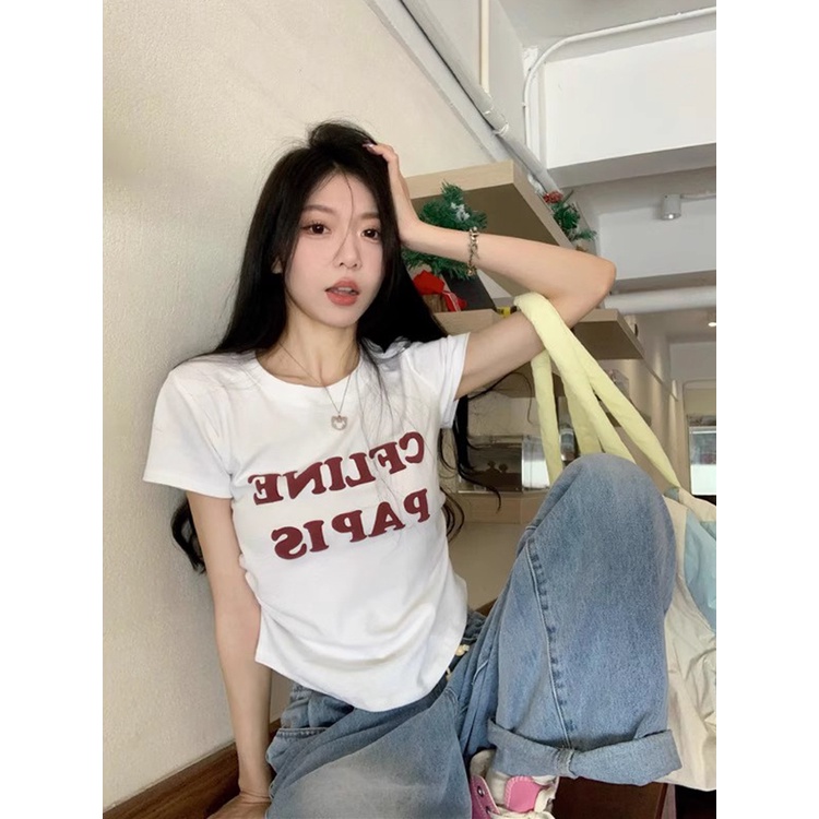 Suhao American style pink printed front shoulder short-sleeve t-shirt women s summer irregular design feeling niche slim slim top kaos import wanita kaos wanita gaya korea lengan pendek kaos pendek perempuan