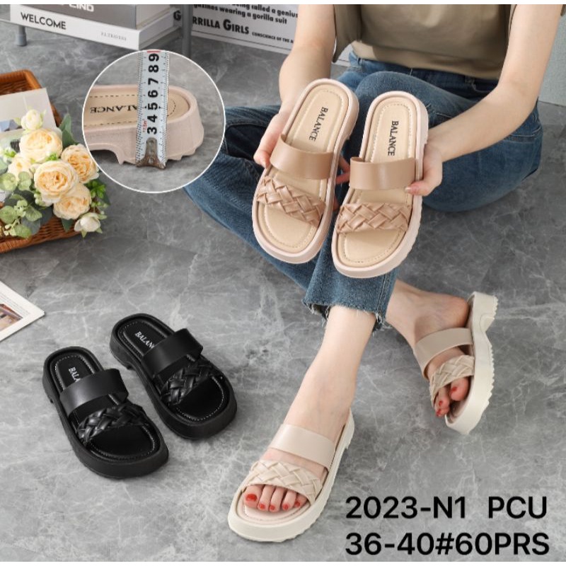 Sandal Wanita Import Karet Wedges Hak 4 cm Motif Straps Dua Kepang Anyam BALANCE