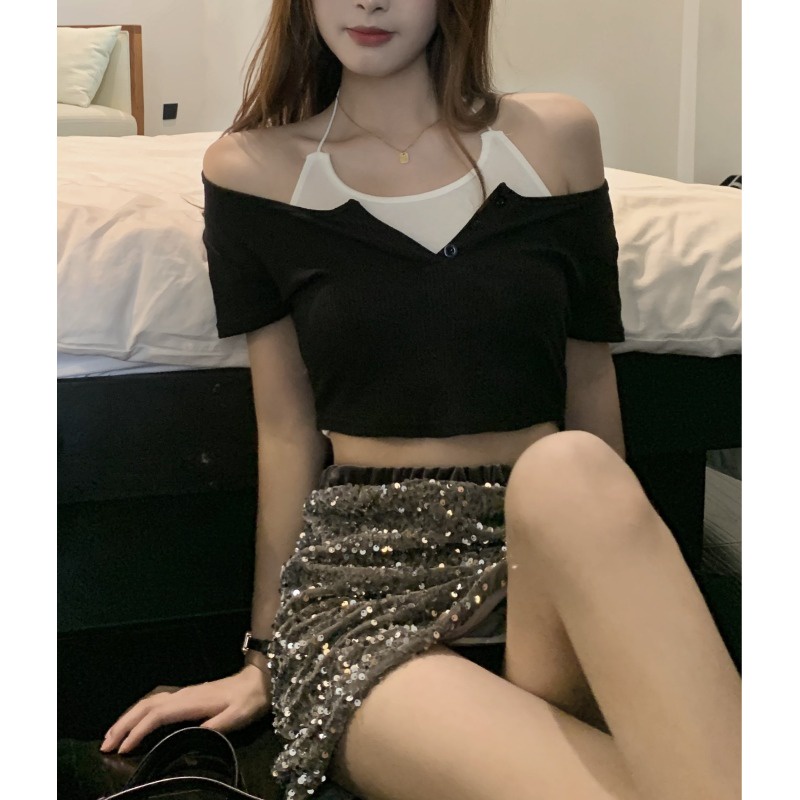 Suhao fake two-piece hanging neck off-shoulder short-shoulder t-shirt summer women s design sense niche sweet hot girl navel short collarbone top kaos import wanita kaos wanita gaya korea lengan pendek kaos pendek perempuan