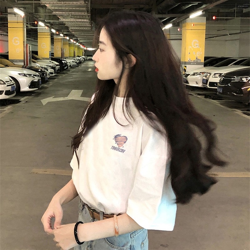 Suhao kapas murni putih depan bahu T-shirt wanita musim panas lengan pendek rasa desain ceruk leher bulat longgar oversize top in pasang kaos impor wanita kaos wanita gaya korea lengan pendek kaos pendek perempuan