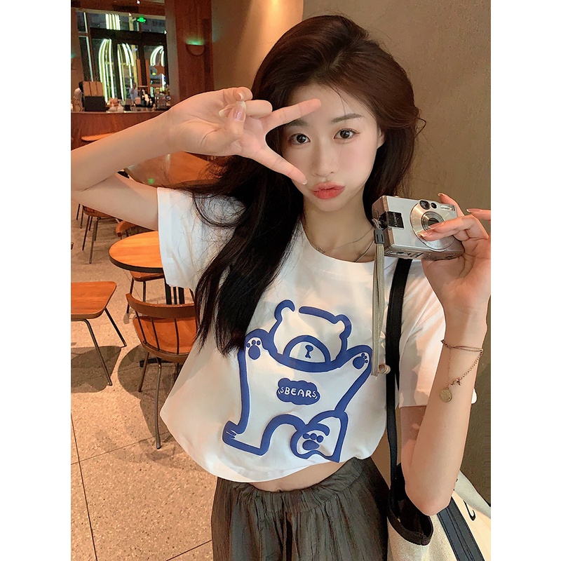 Suhao sweet and cool hot girl style black short-sleeve t-shirt women s summer cotton design sense niche bear print shoulder jacket kaos import wanita kaos wanita korean style lengan pendek kaos pendek perempuan