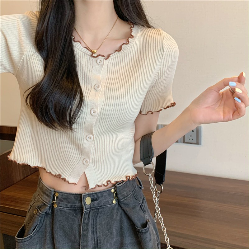 Suhao v-neck bahu depan t-shirt lengan pendek wanita musim panas rasa desain ceruk high-end Perancis lengan setengah kardigan pendek rajutan top kaos impor wanita kaos wanita gaya korea lengan pendek kaos pendek perempuan