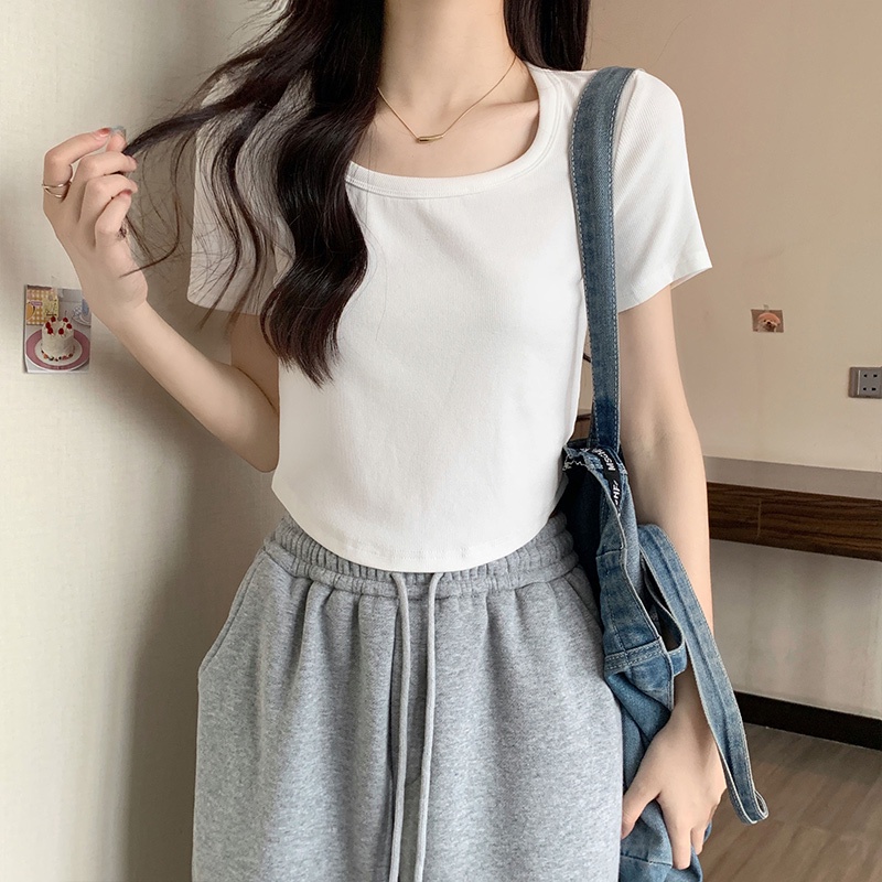 Suhao warna solid French square collar hot girl milk apricot short-sleeve top musim semi dan musim panas pure desire T-shirt female slim bottoming shirt inner wear kaos import wanita kaos wanita gaya korea lengan pendek kaos pendek perempuan