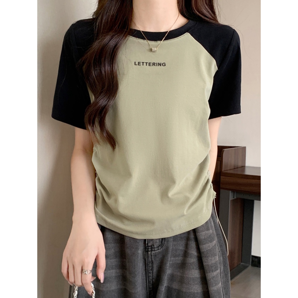 Suhao gaya Amerika raglan bahu katun lengan pendek T-shirt wanita musim panas slim fit dan slim design niche drawstring short shoulder top kaos import wanita kaos wanita gaya korea lengan pendek kaos pendek perempuan