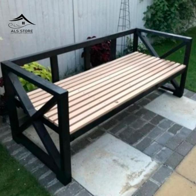 KURSI TERAS KURSI PANJANG TAMAN TERAS BANGKU TUNGGU BESI KAYU - KAKI BESI PUTIH EL09I09A82L