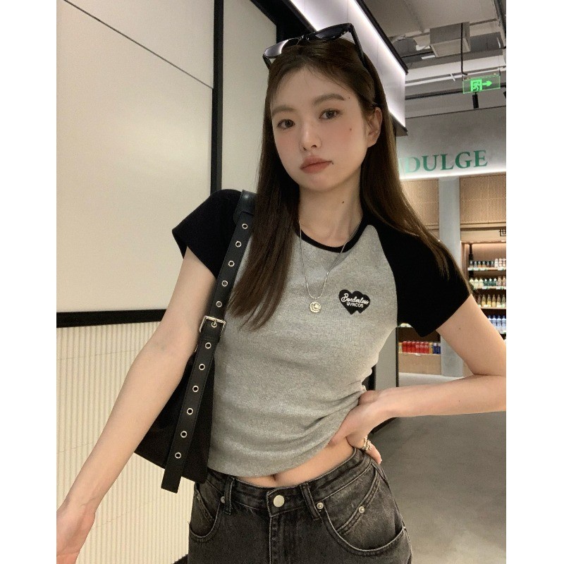 Suhao American retro love raglan sleeves short-sleeve t-shirt women s summer pure cotton color contrast slim slim high waist short top kaos import wanita kaos wanita gaya korea lengan pendek kaos pendek perempuan