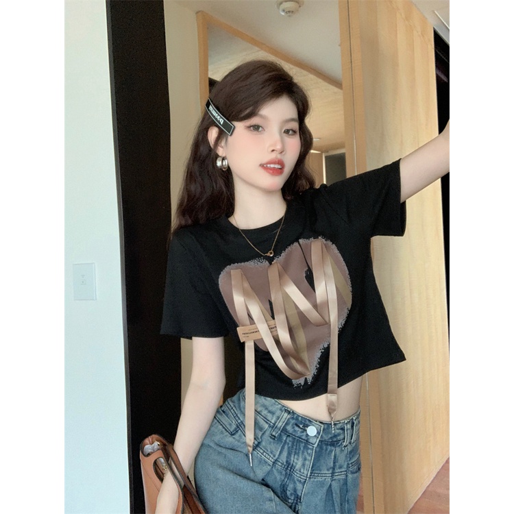 Suhao American style retro hot girl style short top women s summer design sense niche non-collision style front shoulder short-sleeve white T-shirt kaos import wanita kaos wanita gaya korea lengan pendek kaos pendek perempuan