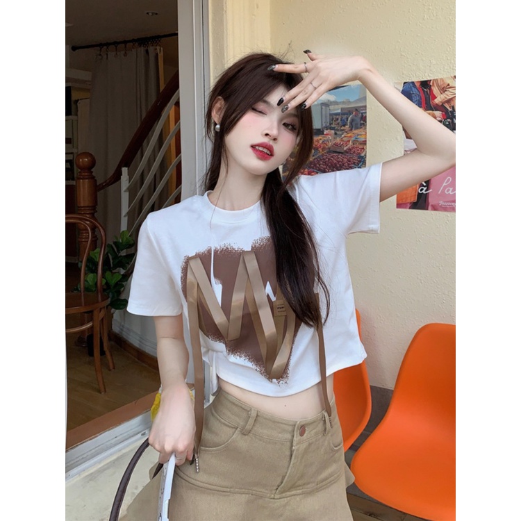 Suhao American style retro hot girl style short top women s summer design sense niche non-collision style front shoulder short-sleeve white T-shirt kaos import wanita kaos wanita gaya korea lengan pendek kaos pendek perempuan