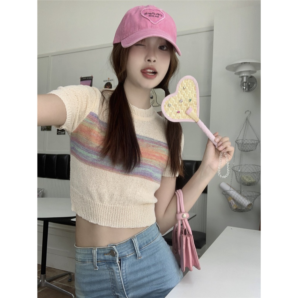 Suhao sweet and spicy style American retro striped short-sleeve short top women s summer design sense niche slim thin knitted t-shirt kaos import wanita kaos wanita gaya korea lengan pendek kaos pendek perempuan