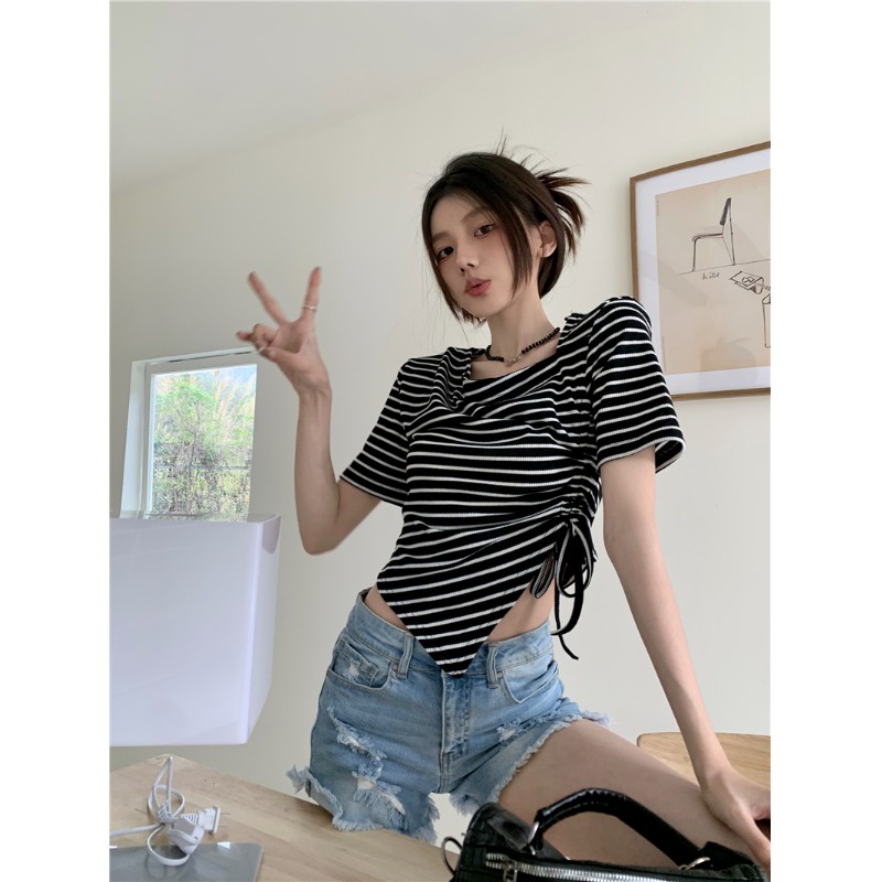 Suhao striped shoulder pad round neck short-sleeved t-shirt women s summer drawstring waistless design babes slim fit irregular short top kaos import wanita kaos wanita korean style lengan pendek kaos pendek perempuan