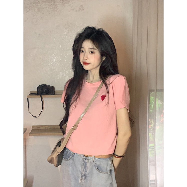 ☼℗﹍Suhao kaos import wanita kaos wanita gaya korea lengan pendek kaos pendek perempuan pink love embroidery pure cotton short-sleeved t-shirt women s summer small loose short section student age-reducing t-shirt top