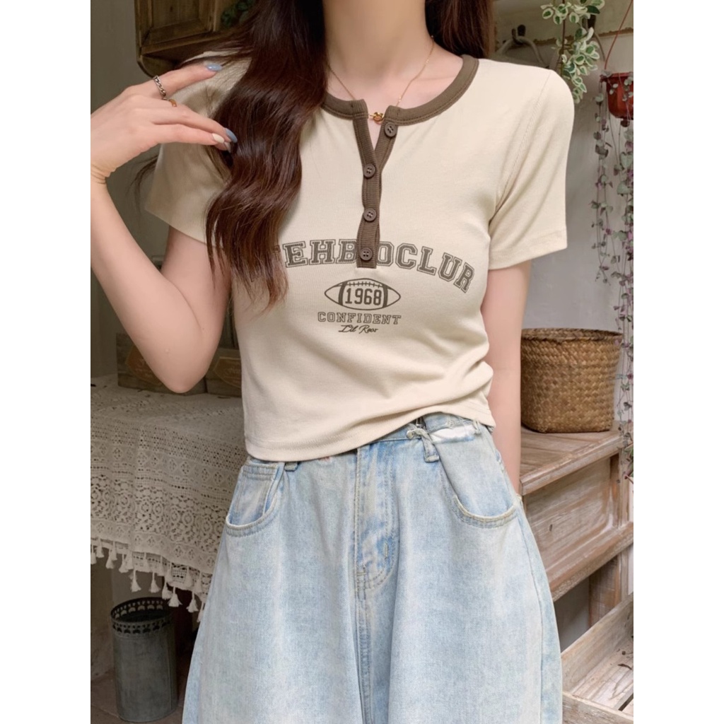 ✇Suhao kaos import wanita kaos wanita gaya korea lengan pendek kaos pendek perempuan American retro bahu depan lengan pendek t-shirt wanita desain musim panas ceruk hot girl slim fit shirt chic short top