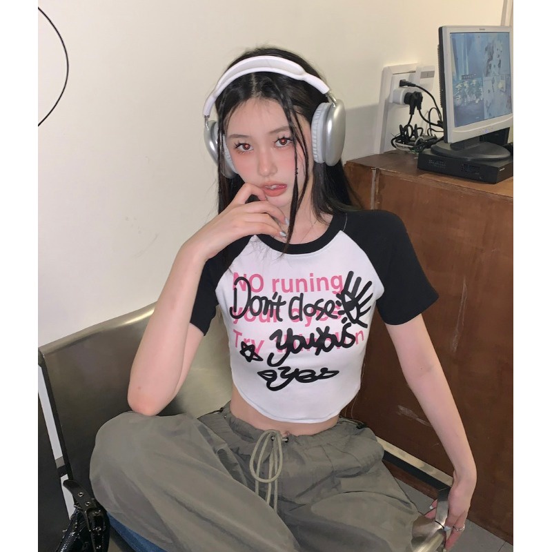 ✖✗Suhao kaos import wanita kaos wanita gaya korea lengan pendek kaos pendek perempuan American retro raglan bahu lengan pendek t-shirt wanita musim panas ketat slim high-waist hot girl short navel bm front shoulder top