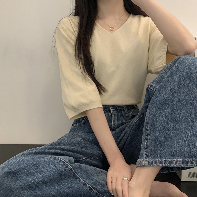 ∏☽❁Suhao kaos import wanita kaos wanita gaya korea lengan pendek kaos pendek perempuan Korean V-neck knitted short-sleeve T-shirt wanita musim panas tipis bagian dalam kemeja T-shirt front shoulder top beautiful foreign style small shirt