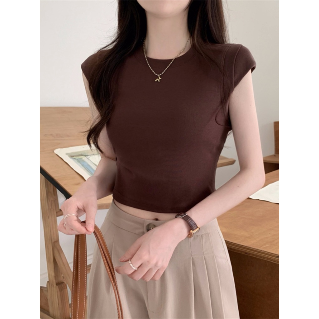 ஐ▧Suhao kaos import wanita kaos wanita gaya korea lengan pendek kaos pendek perempuan lengan terbang kecil American style front shoulder short top women s summer design feeling slim fit tight grey short-sleeved T-shirt