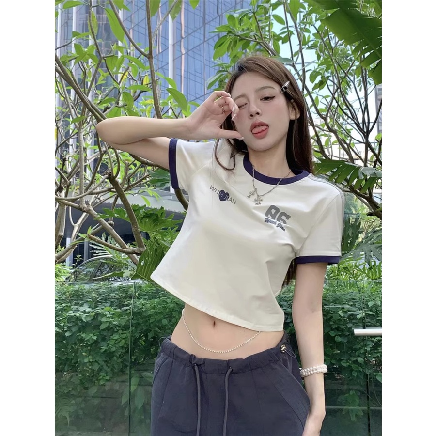 ♝✸Suhao kaos import wanita kaos wanita gaya korea lengan pendek kaos pendek perempuan high waist short sweet spicy jazz top American style front shoulder unique design back printed short-sleeve t-shirt women look thin summer