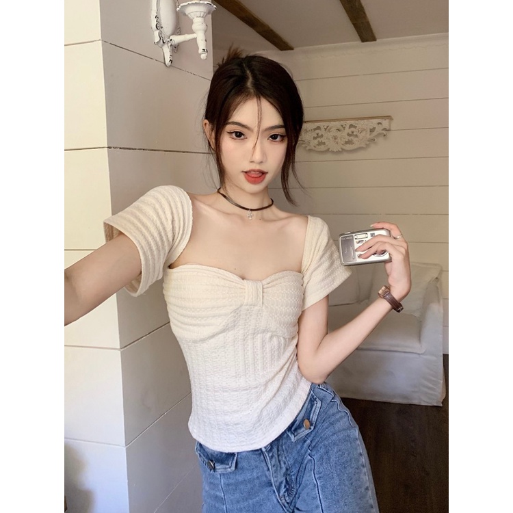 ๑☃Suhao kaos import wanita kaos wanita korean style lengan pendek kaos pendek perempuan pure desire style hot girl one-shoulder short-sleeve t-shirt women s summer short slim fit and thin design niche collarbone top