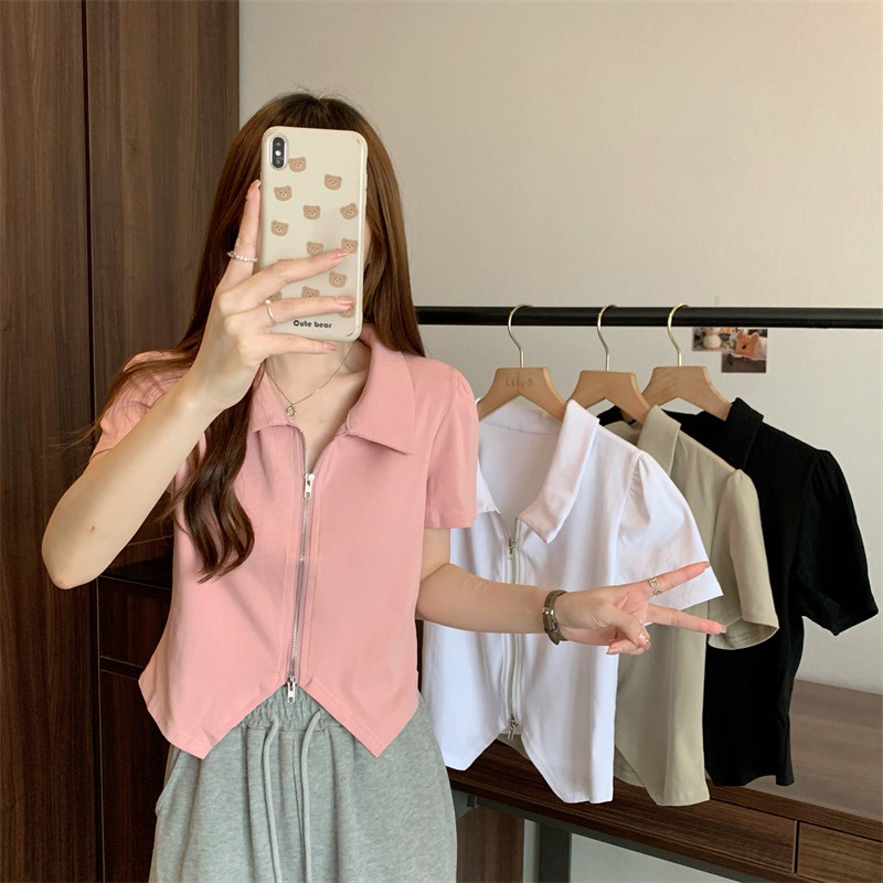 ♦♕Suhao kaos import wanita kaos wanita gaya korea lengan pendek kaos pendek perempuan polo collar double zipper hot girl pink short-sleeved t-shirt women s summer regular front shoulder slim fit and thin short top