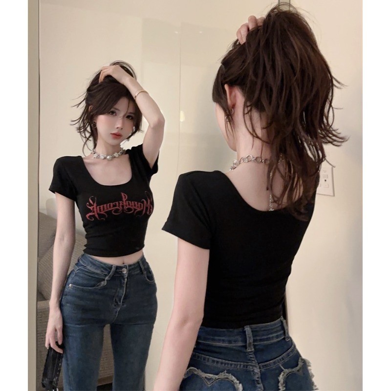 ✓◊☃Suhao kaos impor wanita kaos wanita gaya korea lengan pendek kaos pendek perempuan bahu depan putih t-shirt lengan pendek wanita musim panas desain rasa ceruk seksi keinginan murni American hot girl slim short top