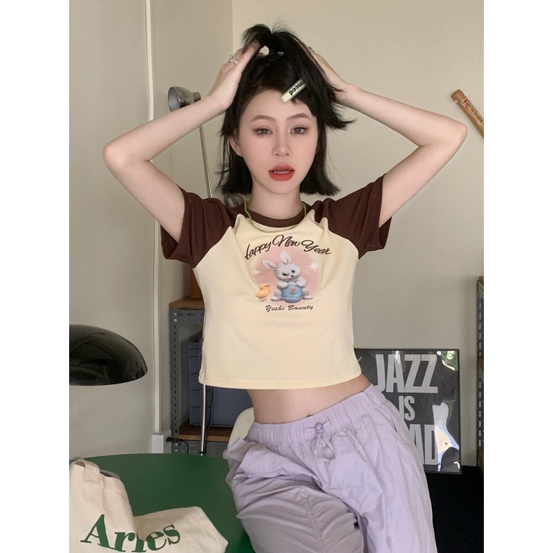 ☈✒Suhao kaos import wanita kaos wanita gaya korea lengan pendek kaos pendek perempuan American retro sweet hot girl short-sleeved t-shirt women s summer small short short section expose navel slim fit design sense top