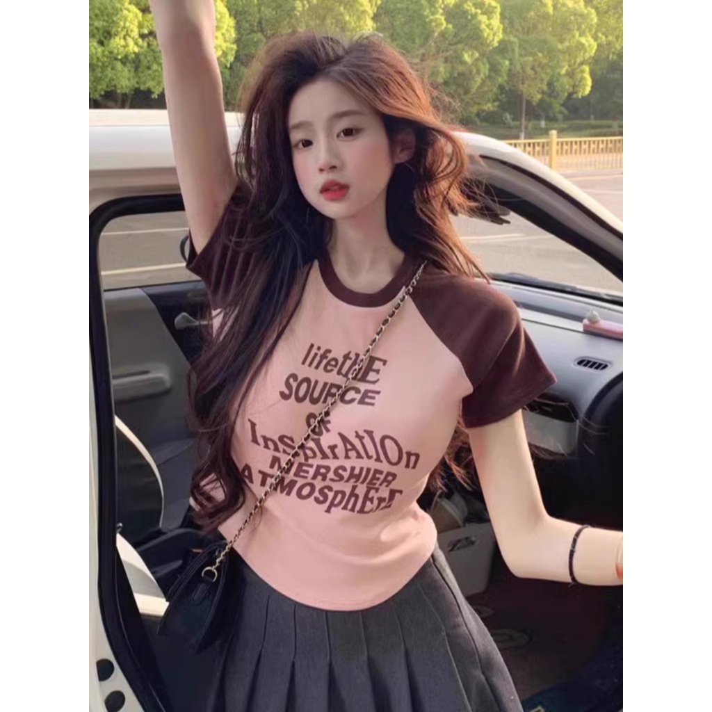 ♛✇Suhao kaos import wanita kaos wanita gaya korea lengan pendek kaos pendek perempuan American retro pink raglan lengan pendek t-shirt wanita musim panas hot gadis warna kontras tidak teratur katun slim top