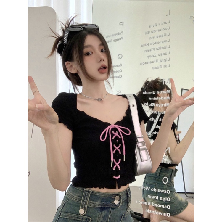 ✺◆♤Suhao kaos import wanita kaos wanita gaya korea lengan pendek kaos pendek perempuan French sweet and spicy front shoulder short-sleeved knitted T-shirt women s summer self-buditure and thin short section strappy hollow small top