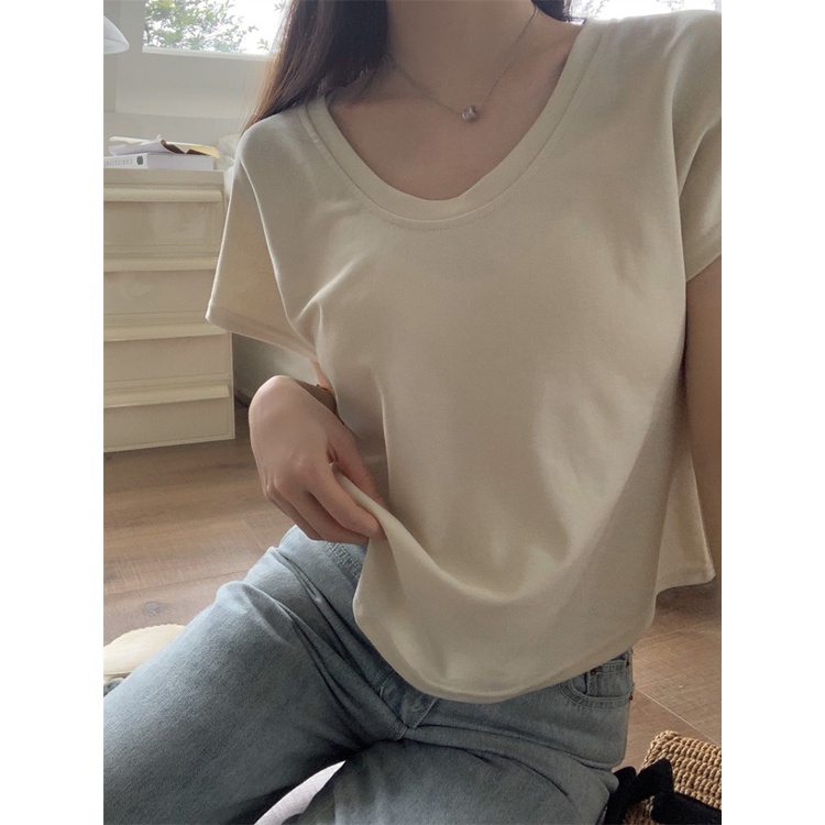 ☑♤☫Suhao kaos import wanita kaos wanita gaya korea lengan pendek kaos pendek perempuan Korean simple U-neck short-sleeve t-shirt women s summer new niche flying sleeves all-match loose thin short top thin