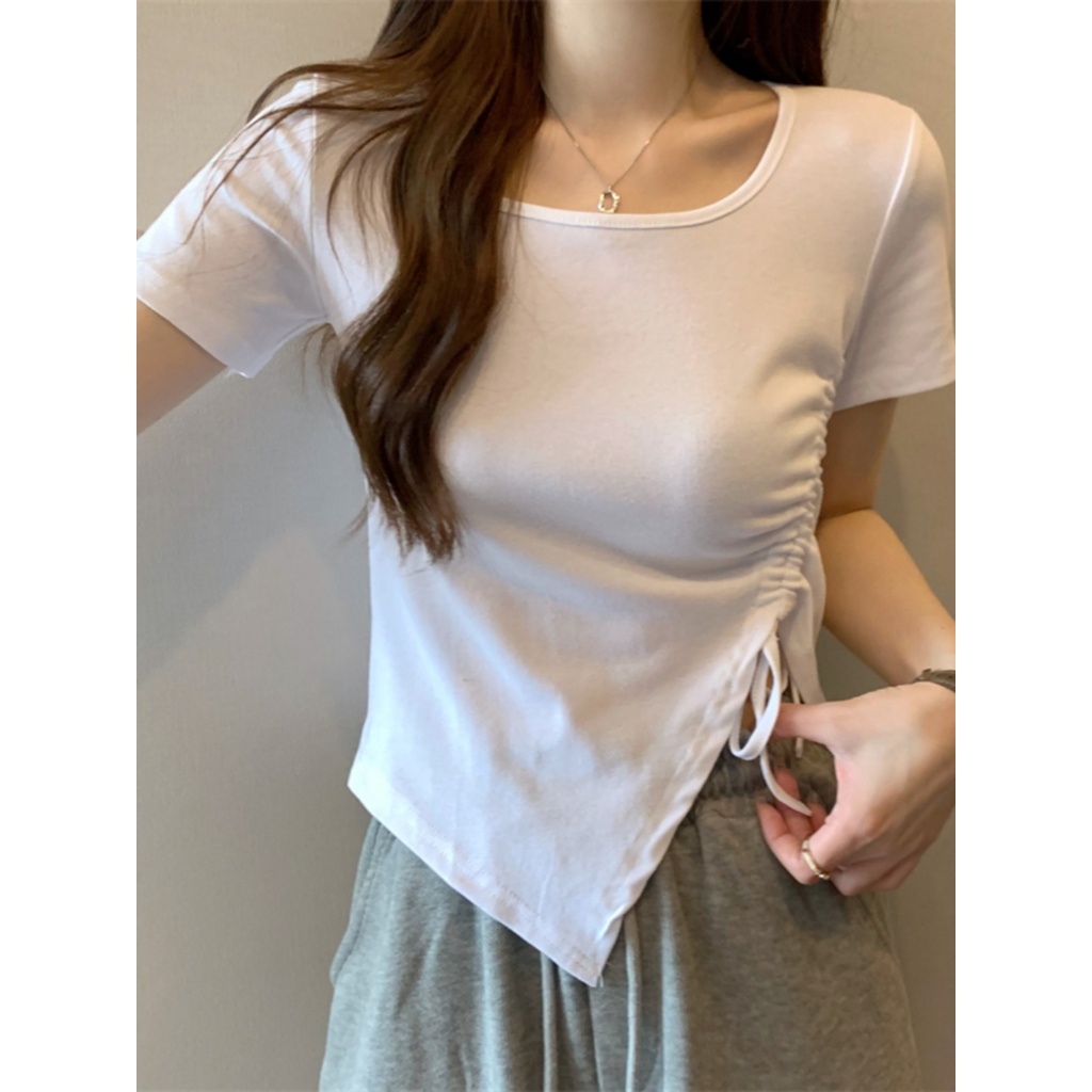 ☊❣⊕Suhao kaos import wanita kaos wanita gaya korea lengan pendek kaos pendek perempuan Irregular slit short sweet and spicy top women s summer design sense niche French square collar front shoulder short-sleeved T-shirt