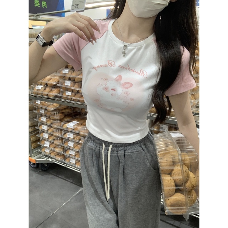◎◙Suhao kaos import wanita kaos wanita korean style lengan pendek kaos pendek perempuan hot girl pink stitching raglan sleeves rabbit short-sleeved t-shirt women s summer sweet and spicy slim fit navel short shoulder top