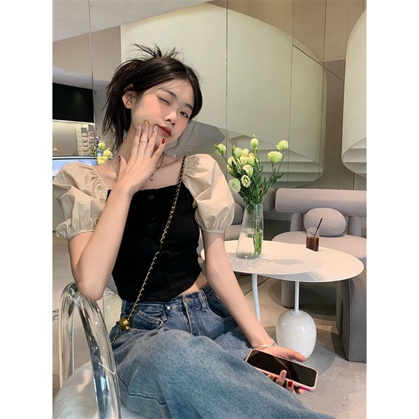 Red French square collar stitching short-sleeve t-shirt women s summer Japanese retro design sense niche chic puff sleeve short top