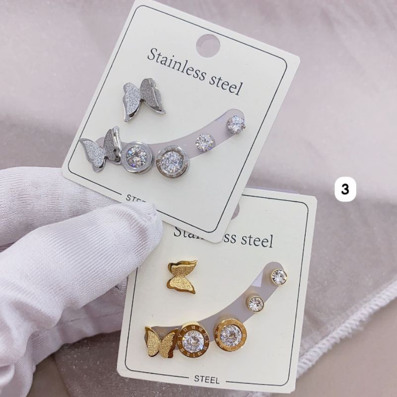 Anting Titanium asli 1 kap  isi 3set A03 Kilau mirip emas asli Premium Quality Anti karat anti alergi Stainless steel ori