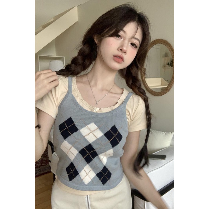 08#Tembakan Nyata Hemat Biaya Selempang Rajut Belah Ketupat Kuliah Retro+Lengan Pendek Kerut PitaTT-