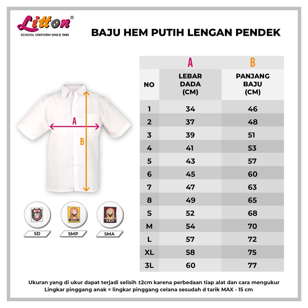 LITTON Baju Seragam Sekolah Lengan PENDEK Polos Tanpa Badge / Seragam Sekolah Ukuran Jumbo Big Size