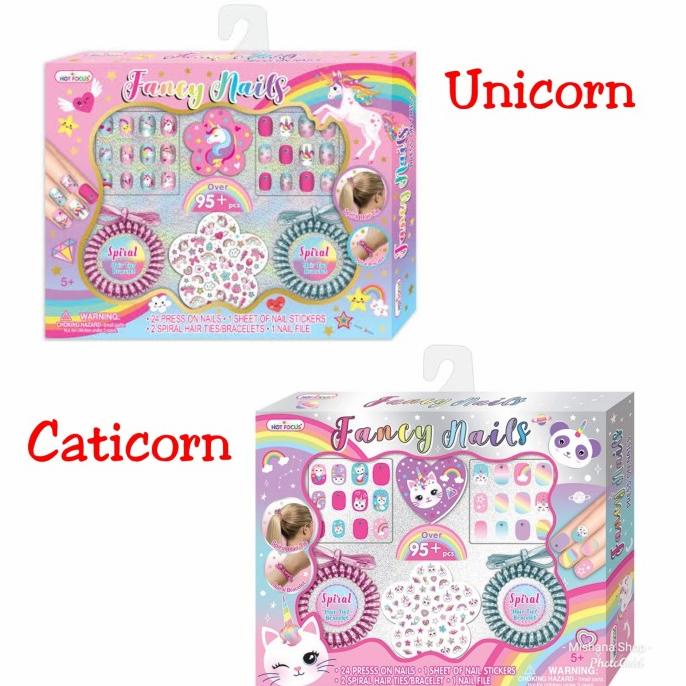 Kuku Palsu Anak Unicorn Fancy Nails Ikat Rambut plus Sticker Kuku