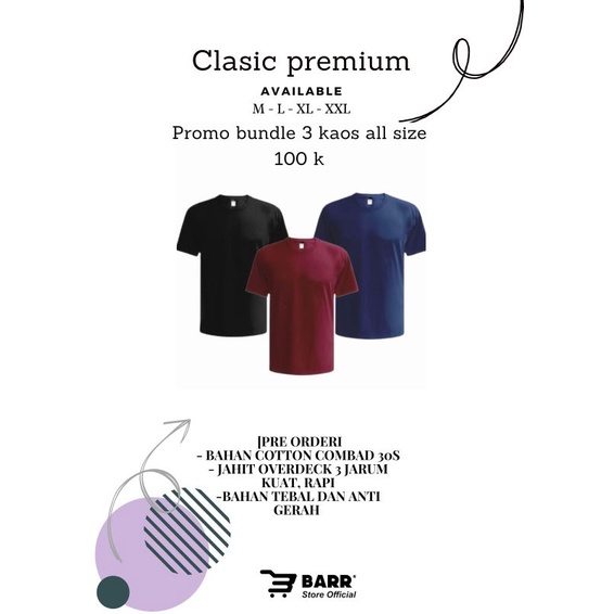 [PROMO] 100K Dapet 3 kaos BARR Baju Kaos T-shirt Oblong Basic Distro Premium Polos Combed 30s Pria W