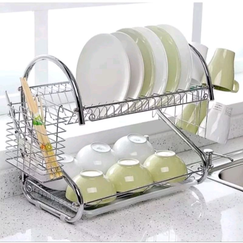 Rak piring Stainless stell anti karat minimalis / Rak piring stainless 2 tingkat susun / Rak piring 