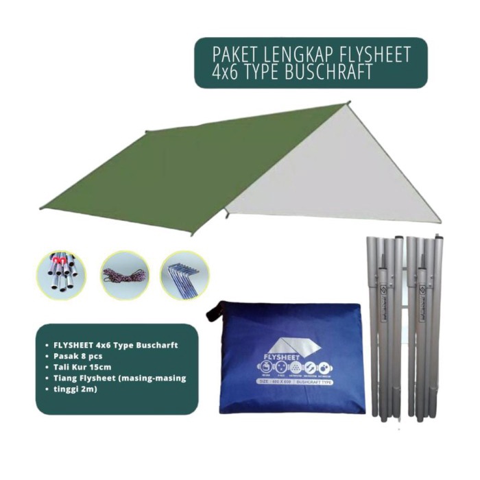 Terlaris Camp Paket Flysheet 4X6 Full Set + Pasak + Tali + Tiang Flysheet Bushcraft