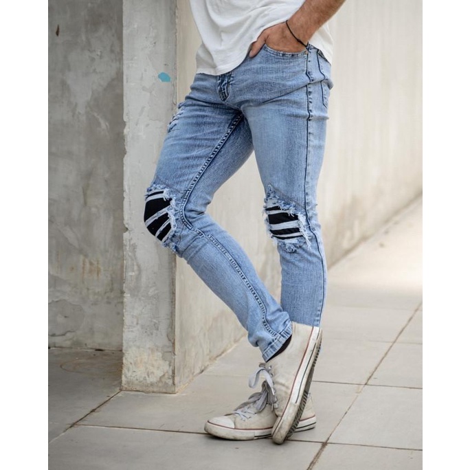 WEIRD JEANS - BROKEN BLUE Celana denim jeans pria stretch sobek