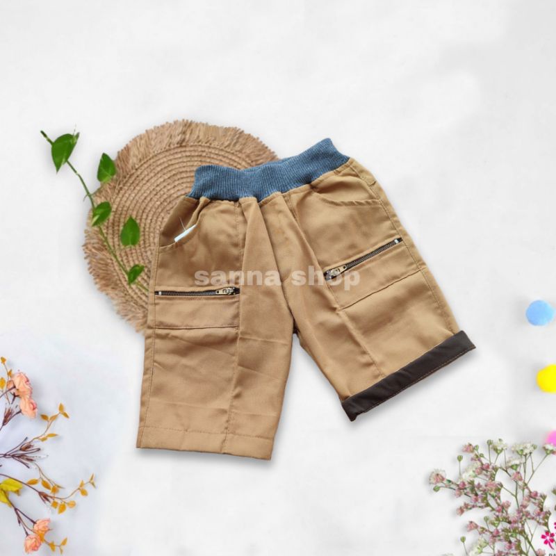 Celana chino pendek zipper anak laki-laki pinggang rib ,celpen anak cowok