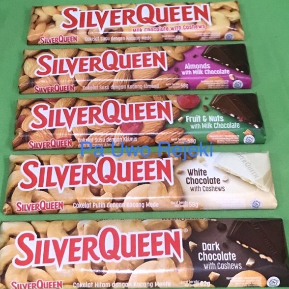 

Super Untung Silverqueen 58gram cashew almond Fruit&nut dark white