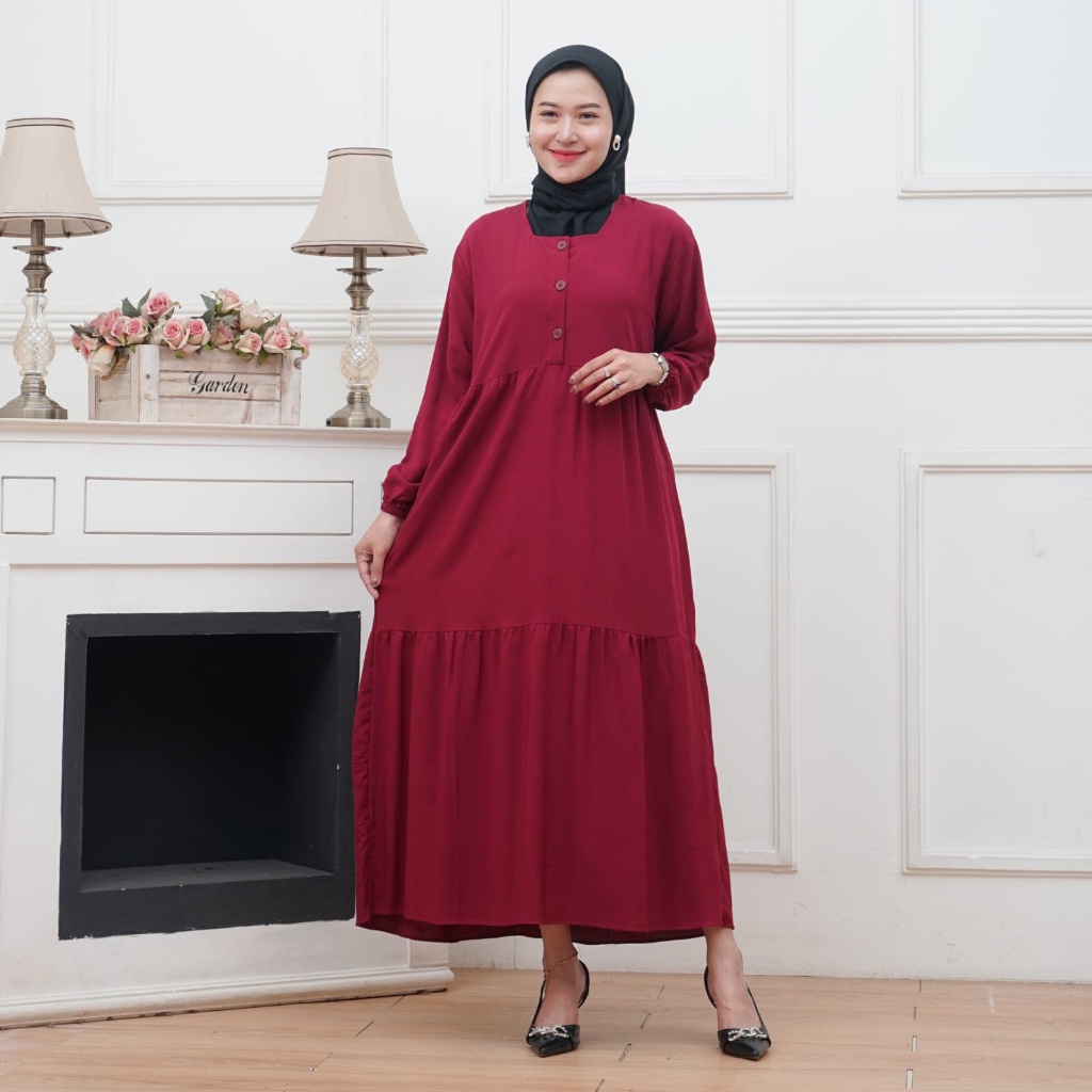 MIDI DRESS WANITA BAHAN RAYON BUSUI FRIENDLY | GAMIS MIDI KANCING DEPAN LENGAN 7/8