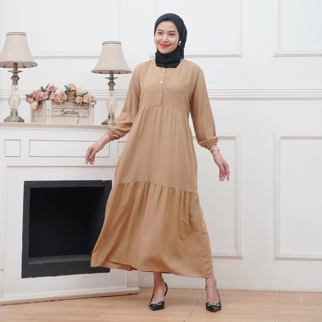 MIDI DRESS WANITA BAHAN RAYON BUSUI FRIENDLY | GAMIS MIDI KANCING DEPAN LENGAN 7/8