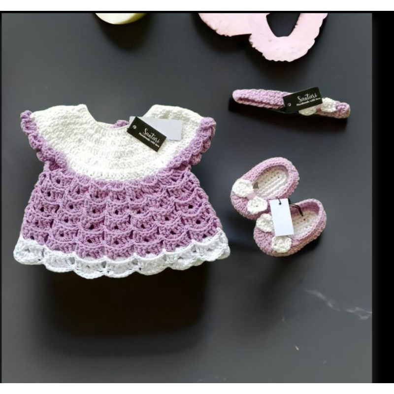 one set dress bayi rajut, sepatu, bando lilac baby girl gift hadiah photoshoot