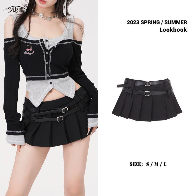[✅BISA COD] #Sisjuly# Rok lipit wanita / rok hitam murni kasual / ikat pinggang ganda pelangsing rok