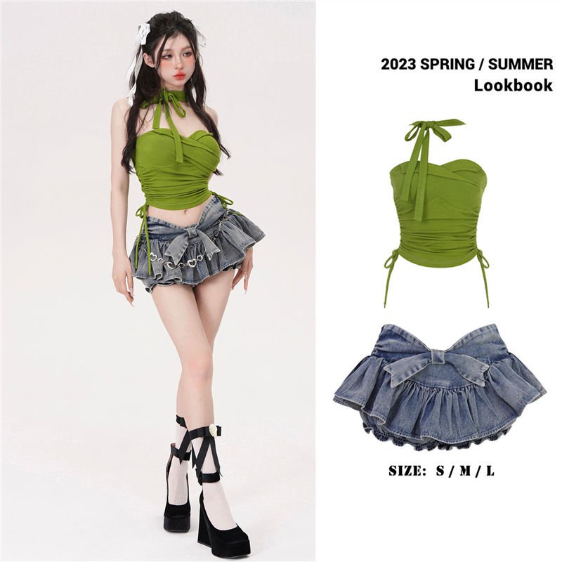 [✅BISA COD] #Sisjuly# Setelan Wanita/Rok Denim + Atasan Pendek Wanita Bertali Halter