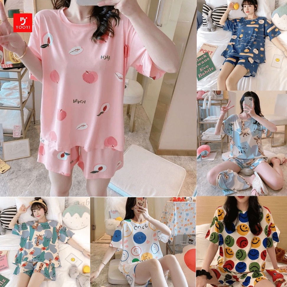Yooyi Baju Tidur Wanita Piyama Korea Lengan Pendek Celana Pendek Motif Kartun Lucu Setelan Tidur Hot