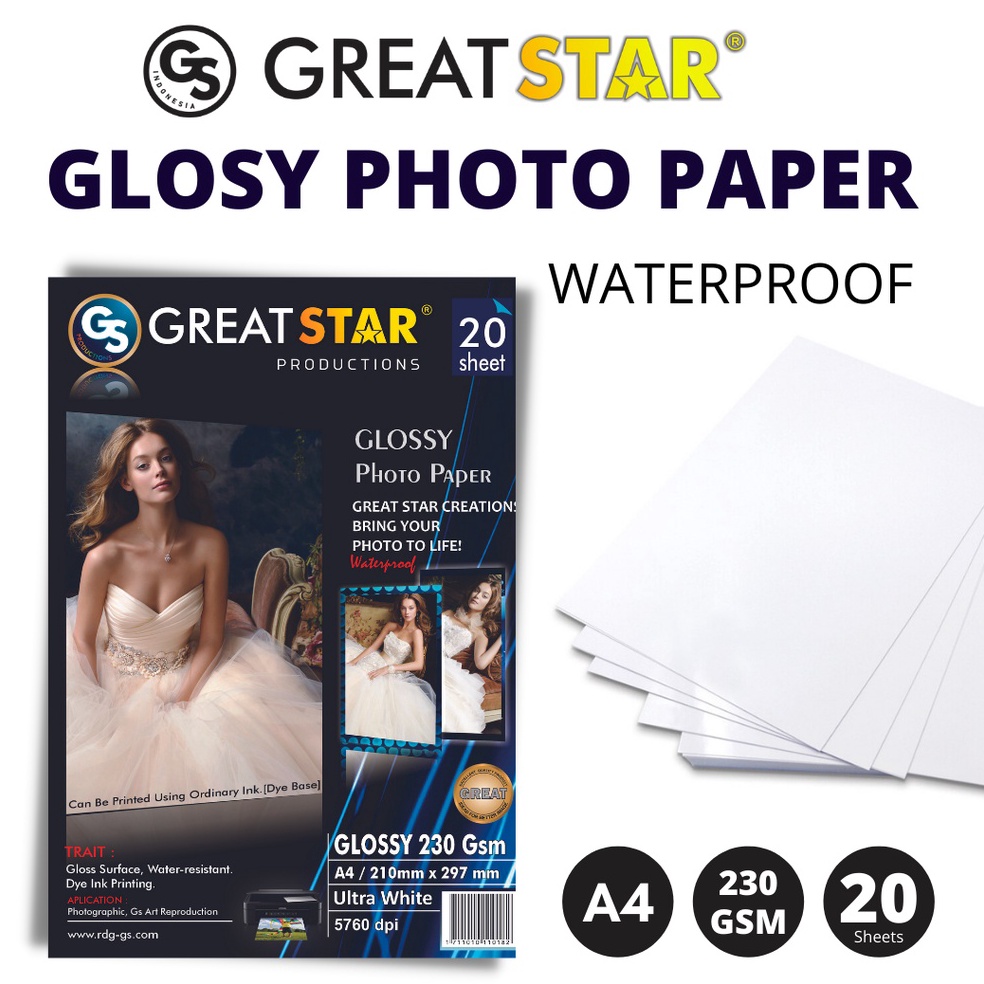 

[PRODUK EMSZ842] Glosy photo Paper/KERTAS FOTO great star 230 gsm A4/20 81